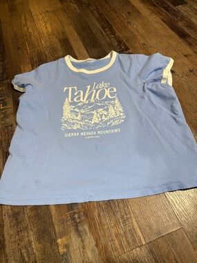 Old Navy Light Blue Lake Tahoe Graphic Ringer Tee